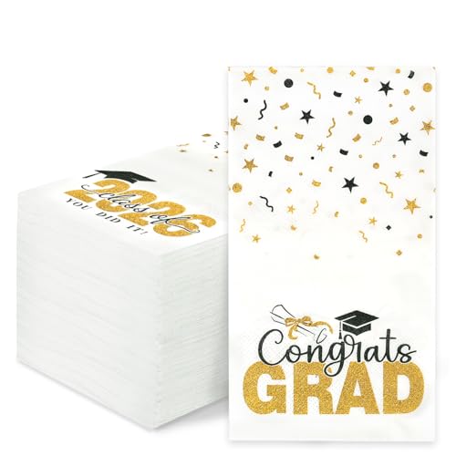 100 Pack Class of 2026 Graduation Napkins Black Gold Disposable Congrats Grad Cocktail Napkins Paper Guest Dinner Hand Towels for 2026 High School University College Graduation Party Decorations