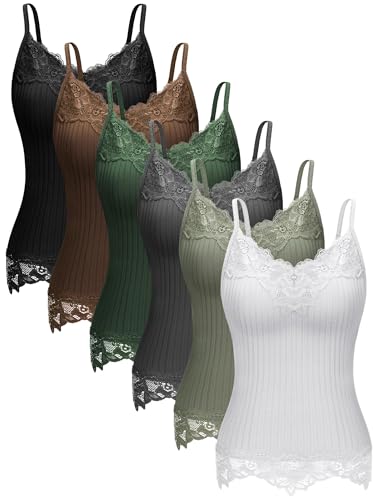 Fourluoo 6 Pcs Women's Long Lace Tank Tops lace Camisole Patchwork Tops for Women (Black,White,Gray,Brown,Dark Green,Olive Green,L)