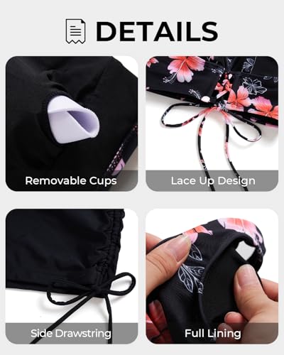 Aqua Eve Bikini With Shorts For Women - Two Piece Swimsuit With Boyshorts 2Pc High Waisted Bathing Suits Swimwear Black Flower L thumb #4
