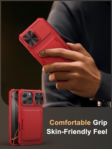 Image of Vihibii for iPhone 16 Pro Max Wallet Case with Card Holder (4 Cards) [RFID Blocking] & Slide Lens Cover & Raised Edges Protect Screen, Shockproof Rugged Phone Cover for iPhone 16 Pro Max, Red
