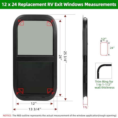Image of RV Camper Windows,RV Windows for Cargo Trailer Utility Travel Trailer Cargo Van Truck SUV 12 inchW x 24 inchH, Vertical Sliding Replacement Fit 15 /16 inch or 1-3 /8 inch Thick Wall,Allow Error 1 /16 inch,DOT Approved