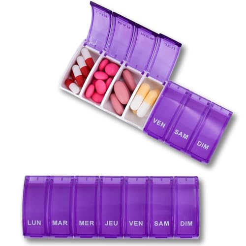 MEDIPILL - Pilulier Semainier Français | Pilulier 7 jours - 7 Compartiments | Compact et Durable | Sans BPA | Violet | Une Pièce | MED-S7S-V