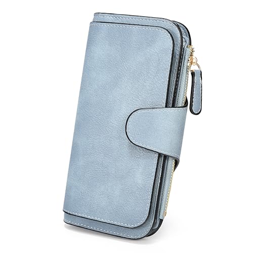 RFID Blocking Genuine Leather Wallet for Women with Leaf Pendant Card Holder & Zipper Coin Purse (Blue)
