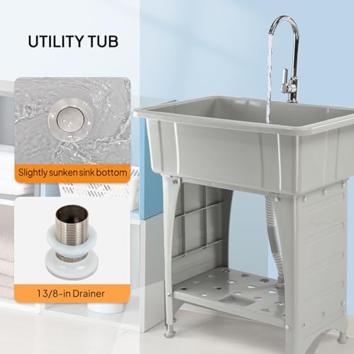 Image of VINGLI 20-Gallon Utility Sink Laundry Tub for Washing Room, Freestanding Utility Sink with Stainless Steel Faucet, 22 inchD x 32 inchW x 36 inchH Grey