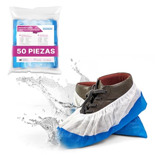 ARNOMED Cubrezapatos desechables CPE+PP, calzas desechables pies blanco con suela azul, 50 uds., patucos desechables, cubre zapatos desechable talla 17x40cm, cubrezapatos desechables sanitarios