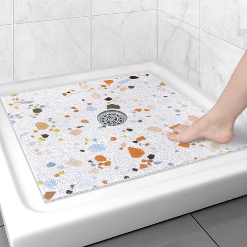 Image of Square Shower Mat Non Slip: 27x27 Inch Shower Floor Mat with Drain Hole in Middle, Super Soft and Comfortable PVC Loofah Massage Bath Mat for Shower, Anti Slip Shower Stall Mat, Quick Drying
