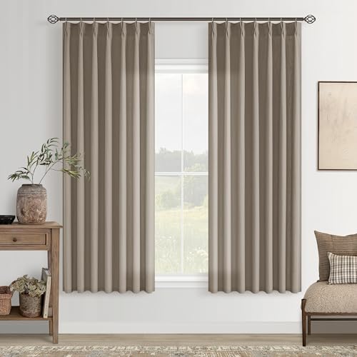 Image of Taupe Pinch Pleat Semi Sheer Linen Curtain 40x63 Inch for Bedroom
