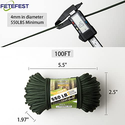 Fetefest Paracord Verde 550, Corda de Paraquedas Mil-Spec 100 Pés, Corda 100% Nylon Em Equipamentos