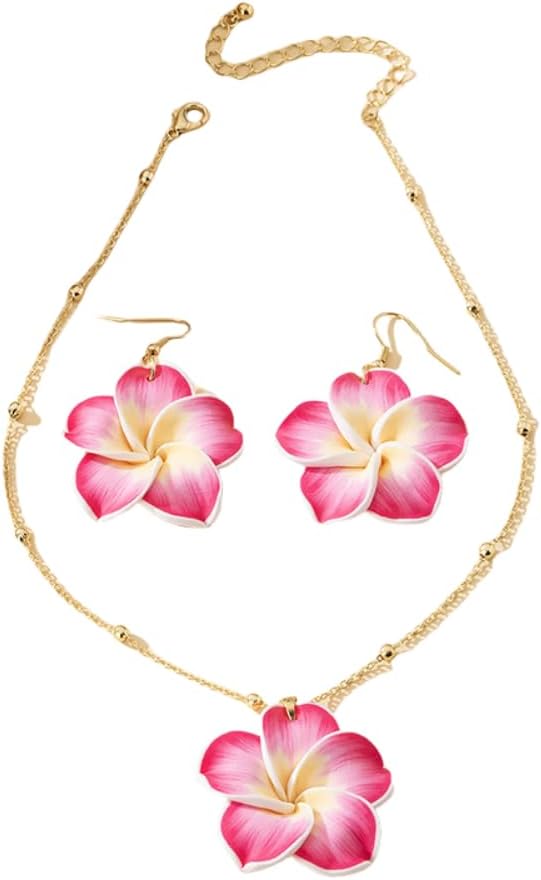 Pingyongchang Hawaiian Plumeria Polymer Clay Pendant Necklace Earrings Set Bohemian Handmade Flower Jewelry Set for Women Summer Beach Holiday Vacation Party Accessory Gift