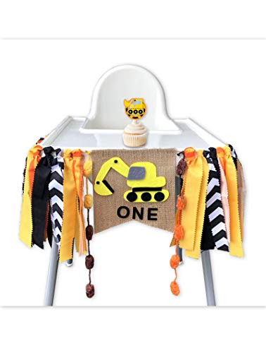 Construction Themed Highchair Banner for First Birthday Smash Cake Photo Shoot,Party Supplies and Decorations for Baby Boy's 1st Year Bday,Chair Garland for Picture Backdrop,Pre-assembles No Need DIY