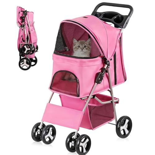 Image of ZENY Foldable Pet Stroller, Cat /Dog Stroller with 4 Wheel, Pet Travel Carrier Strolling Cart with Storage Basket, Cup Holder (Pink)