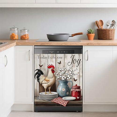 Image of Funny Rooster Refrigerator Magnet Cover,Rustic Farmhouse Flower Washable Dishwasher Magnets Decorative Cover,Home Kitchen Decorative Dishwasher Front Panel Cover 23x26 Inch