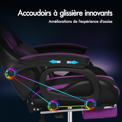 Chaise gaming LED ALFORDSON avec massage 8 points fauteuil ergonomique violet