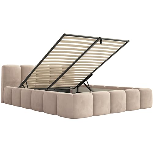 Selsey Polsterbett 180x200 cm Modernes Design, Stabiler Metallrahmen mit Gasdruckfedern Piano-Veloursstoff in Beige Bett mit Bettkasten Maximale Belastung 250 kg – Bild 5