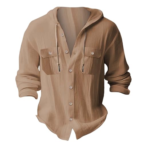 Mens Linen Long Sleeve Button Down Drawstring Hoodie Sun Protection Casual Shirt