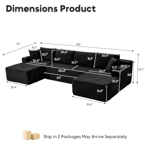 Image of 125 Inch Modular Sectional Sofa, Cloud Couch Oversized U Shaped Corduroy Sofa with Storage & Cupholders, Modern Deep Seat Boneless Couches for Living Room, No Assembly Required, Black