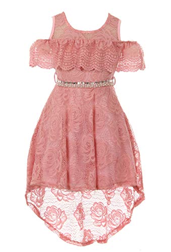 Big Girls Rose Off Shoulder Hi-Lo Floral Lace Rhinestone Flower Girl Swing Summer Dress Usa 2176 Size 10 #TOP4