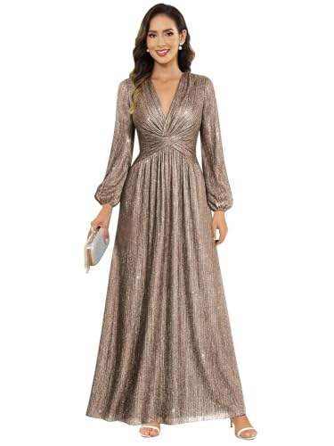 Image of Women's Formal Wedding Guest V Neck Glitter Sequins Mother of The Bride Dresses Long Sleeve