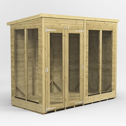 Image of Powersheds High Grade Pressure Treated Pent Wooden Summerhouse with Fully Glazed Double Doors and Windows, Security Features, Heavy Duty Frame, Galvanised Ironmongery, Extra Thick Timber (8x4)