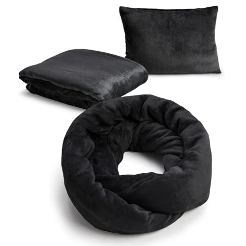 NAPRO 3‑in‑1 Travel Blanket Pillow Scarf – Convertible 50×80″ Blanket, 12×16″ Pillow, 80″ Infinity Neck Pillow – Lightweight, Plush – Black
