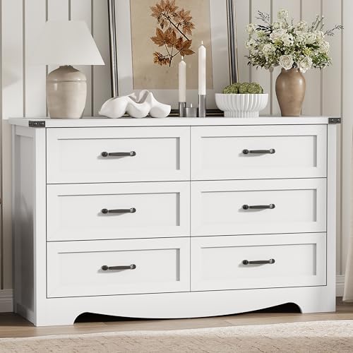 Image of Dresser for Bedroom with 6 Drawers, 54 inch Wide Wood Chest of Drawers with Deep Drawers & Mental Handle, Modern Dresser TV Stand, Wooden Closet Storage Organizer for Living Room, Hallway, Entryway, White