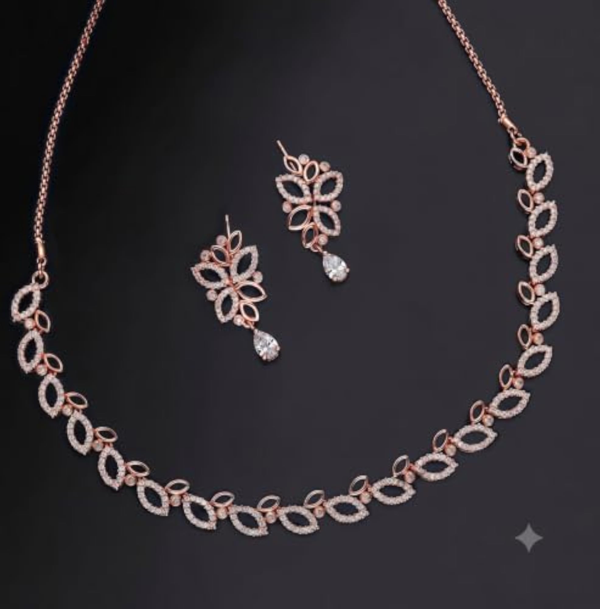 Women's Rose Gold Plated Leaf Design Necklace & Earrings Set