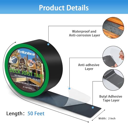 Image of 2 inch x 50' Deck Joist Tape,Butyl Joist Deck Tape,Waterproof and Weather Resistance Self-Adhesive Flashing Tape for Deck Joist Beams Protection (Pack of 2)