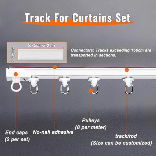 White Self-Adhesive Wall Mount Sliding Curtain Track - No Drill, 1.3-19.7 FT Adjustable Ceiling Rail for Space-Saving Room Divider in RVs & Dorms (5.57ft/2x2.78ft)