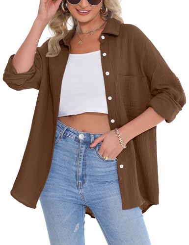 Aottori Musselin Bluse Damen Oversize Hemdbluse Oberteile Langarm Hemd...