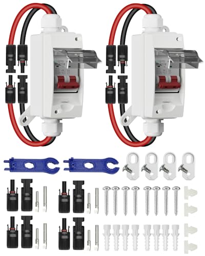 CNLonQcom 2 Stück DC Trennschalter PV Anlage 32A 500V Sicherungsautomat 2polig IP65 Wasserdicht mit Kabel und Haken für Solarmodule Einspeisesteckdose Balkonkraftwerk