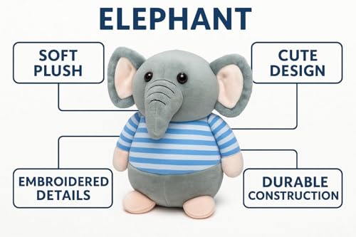 Image of Fun4you Plush Elephant Stuffed Animal Toy with Blue Striped T-Shirt, Soft Toy for Kids, Grey (Blue)