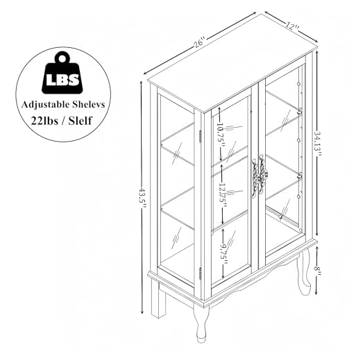 Image of 43 inch H Lighted Curio Cabinet Display Case with Light Bulb, Glass Curio Cabinet with Adjustable Shelves & Tempered Glass Door, Wooden Cabinets w /Mirrored Back Pane for Living Room(Cherry)