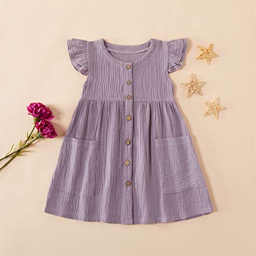 Patpat Girls Pleated Dresses Crew Neck Loose Linen Cotton Dress With 2 Pockets, Purple, 5-6 Years #TOP1