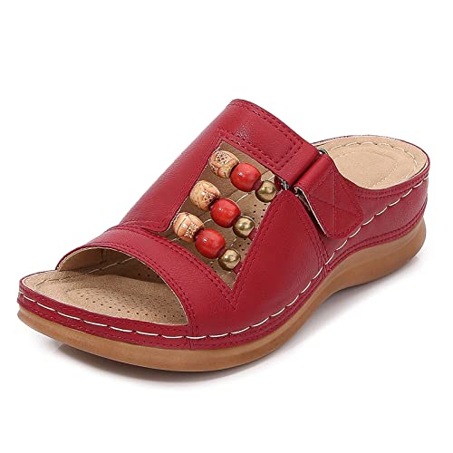 Zevanjewel Womens Sandals Comfortable Wedges Open Toe Sandals Platform Slides Bohemian Beach Sandals Slip On Wedge Sandals Summer Casual Shoes For Women Red Size 8 #TOP1