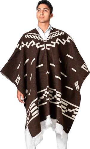 Handmade Alpaca Wool Poncho for Men, Western Andean Design, Thick, Soft and Warm, Artisan Made in Ecuador, Inspired by Clint Eastwood Brown3