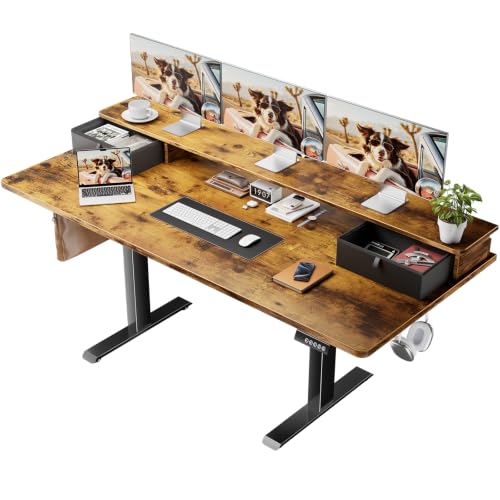 Veken 63x28 in Electric Standing Desk with Drawers, Adjustable Table, Brown