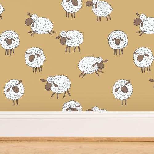 Commercial Grade Wallpaper Swatch - Yellow Cartoon Sheep Whimsical Nursery Lamb Farm Animal Sweet Dreams Counting Cute Doodle Traditional Wallpaper by Spoonflower