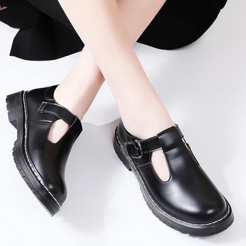 Image of Women's Platform T-Strap Mary Janes Oxford Dress Shoes | Chunky Non-Slip Classics Round Toe Comfort Casual School Work Uniform Shoes with Buckle Retro Comfortable Walking Shoes