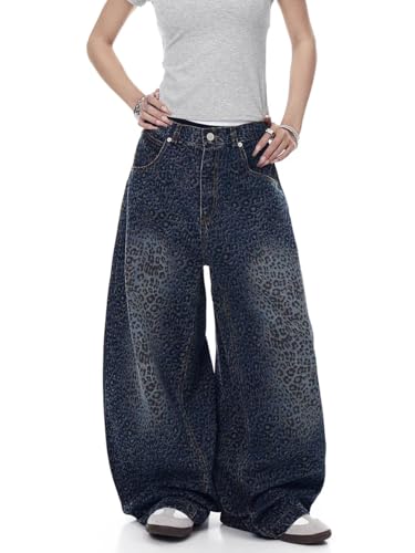 Unisex Y2k 90S Vintage Gradient Leopard Print Baggy Wide Leg Jeans Hiphop Grunge Loose Casual Boyfriend Denim Pants3