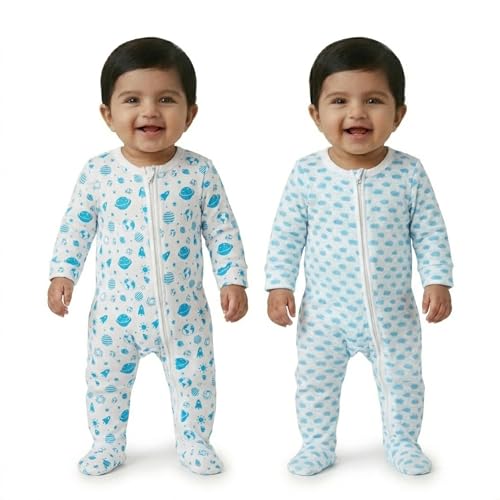 Image of The Mom Store Baby Zipper Romper for Boys and Girls Combos | Cotton | Soft and Comfortable Infant Bodysuit | Trendy Stylish Sleepsuit Nightsuit for Newborn Baby | Printed | Unisex Sleep Wear