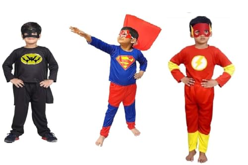 Image of Hosiery Fabric Pack of 3 Superhero Costume dress For Kids Halloween Cosplay Fancy dress Outfit for Boys and Girls