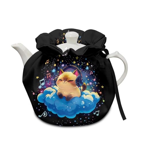 Image of Xoenoiee Cat Starry Cloud Music Notes Pattern Tea Pot Cover Tea Cozy Insulation Teapot Cosy Tea Pot Warmer Cover for Home Kitchen Table Teapot Kettle Cover Keep Warm