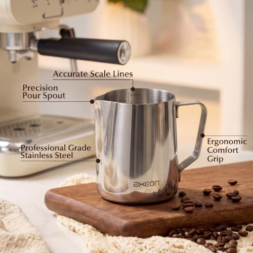 Image of Axeon Milk Frother for Latte Art - 470ml | Stainless Steel Espresso Milk Frothing Jug with Internal Scale & Matte Coating | V-Spout for Latte Art | Barista Steam Jug for Cappuccino & Coffee (Silver)