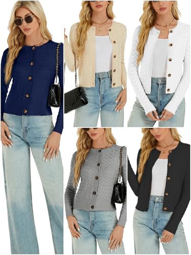 Image of Women's Long Sleeve Cropped Knitted Sweater Cardigan Button Down Open Front Knitted Shrug Sweaters
