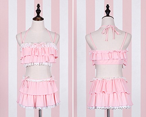 Nuoqi Japan Sweet Girls Pink Soft Flounced Bikini Sexy Swimwear Set Spa Swimsuit #TOP2