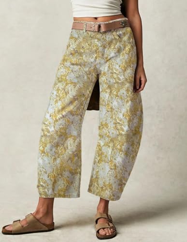 yoeasy Women's Y2k Baggy Barrel Jeans Trendy Printed Wide Leg Boyfriend Jeans Denim Ankle Pants with Pockets2