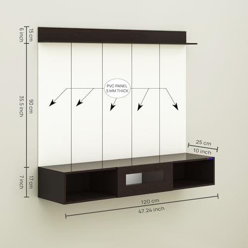 Image of Anikaa Novus PVC Back Panel Wall Mounted TV Unit with Spot & Blue Ambient LED Light - Acrylic Storage Box, Display Shelf & Soft-Close Hinges | Ideal for UP to 50 Inch TV (Wenge - DIY Installation)