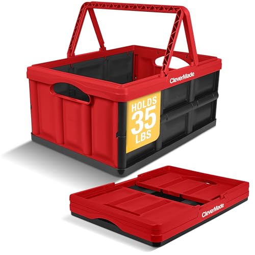 Image of CleverMade Collapsible Shopping Basket 32L - Folding Grocery Basket with Handles, Stackable Reusable Storage Crate with 35 lb Capacity, Recycled Plastic, Car Trunk Organizer - Red