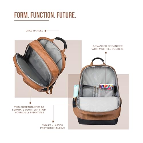 Image of Gear Vintage Boxy 18 inch /26L Medium Faux Leather Water Resistant Laptop Backpack /Casual Bag /Daypack /College Backpack /Travel Backpack For Men /Women (Tan - Navy)