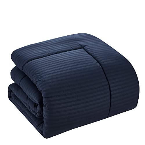 Image of Sweet Home Collection 8 Piece Bed in A Bag with Dobby Stripe Comforter, Sheet Set, Bed Skirt, and Sham Set - Queen - Navy
